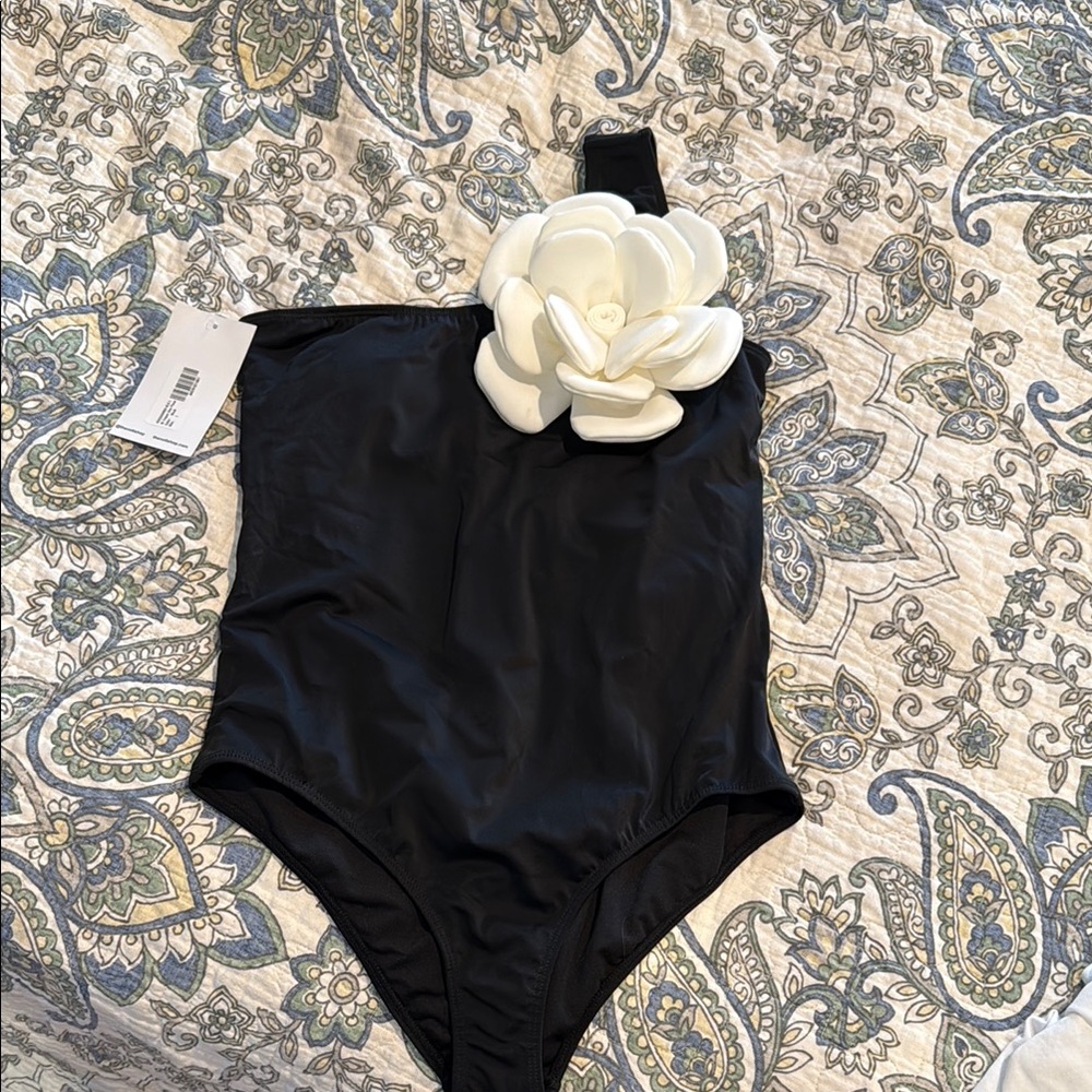 Elegant Black and White One Piece Swimsuit with Floral Detail
